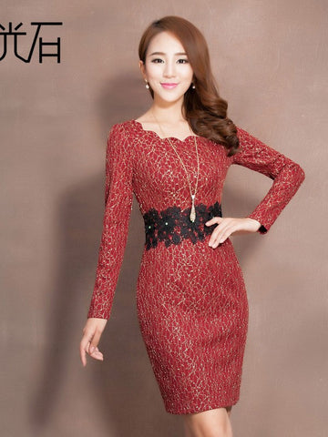 Pre-2013 winter commute new Moonstone women's high waist lace silk skirt long sleeve dress 2,540